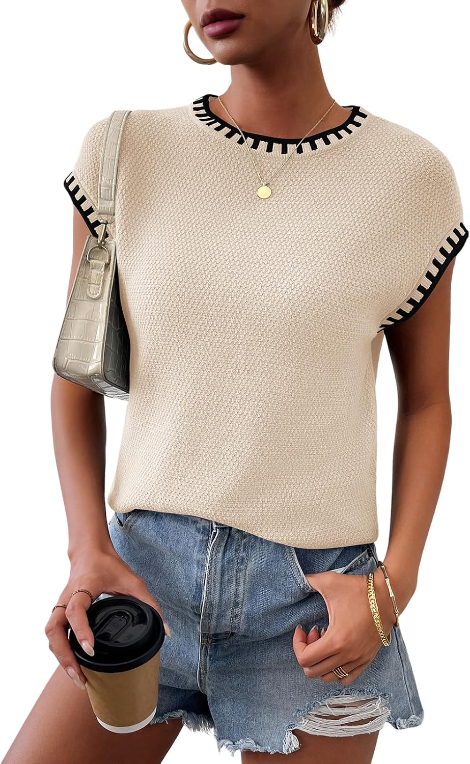 1PK SM Womens Knit Sweater Tops Cap Sleeve Vest