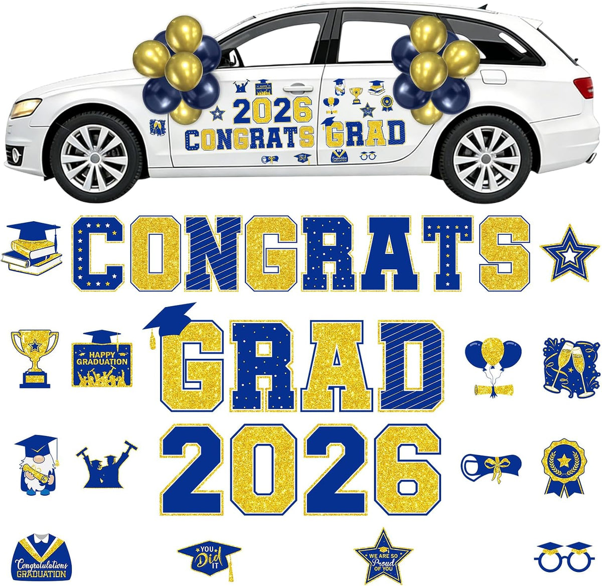 Graduation Car Magnets 2026, 46Pcs Blue Gold